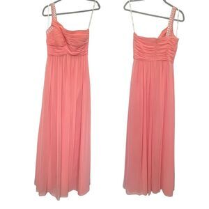 Calvin Klein Size 8 One Shoulder Long Formal Gown Pink Peach Beaded Ruched Lined